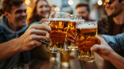 Group of male and female friends Clinking and cheering beer glasses while sitting at a pub table. Young people have fun and drink beer together. - obrazy, fototapety, plakaty