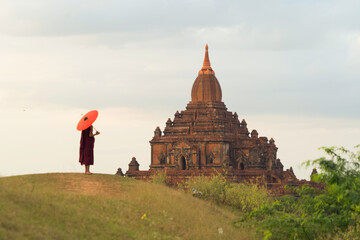 A monk in Burmese temples of Bagan City, Myanmar or Burma. People lifestyle.
