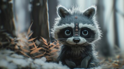 A chubby baby raccoon with a mask-like pattern on its face - obrazy, fototapety, plakaty