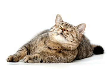 Fototapeta premium a cat is laying down on a white surface