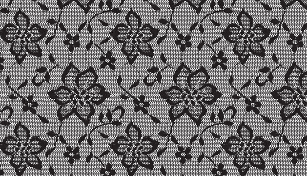 Black lace fabric scattered with small flowers.