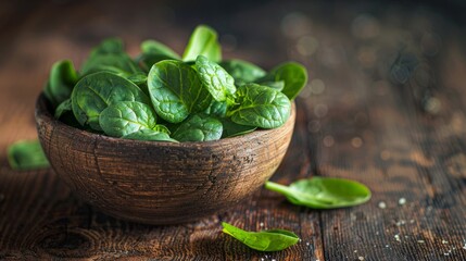 Spinach in wooden bowl on tabletop
