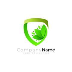 Leaf logo and shield design nature, green color and security icons