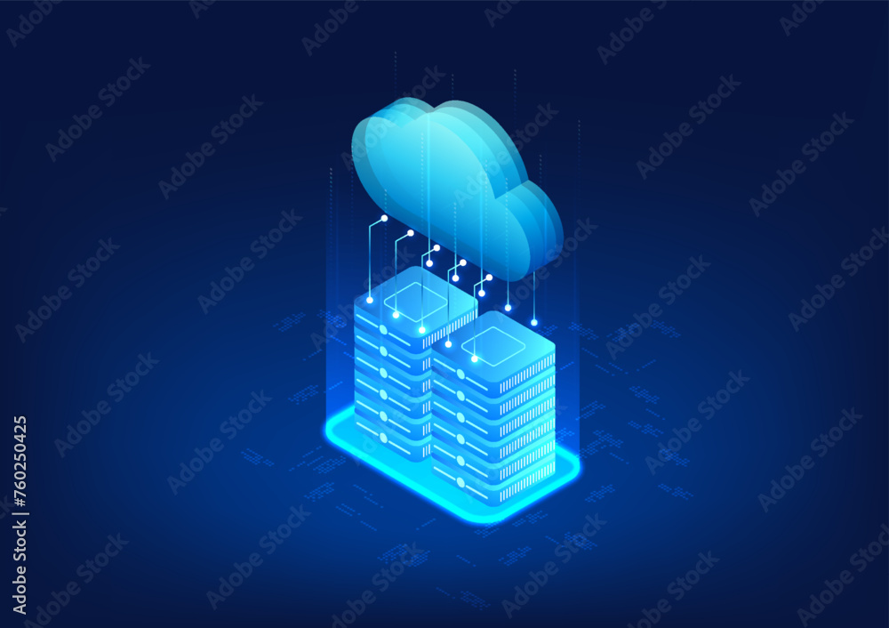 Poster cloud technology connected to the server shows the connection of data storage to important servers o