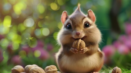 Fototapeta na wymiar A chubby chipmunk with cheeks stuffed full of nuts