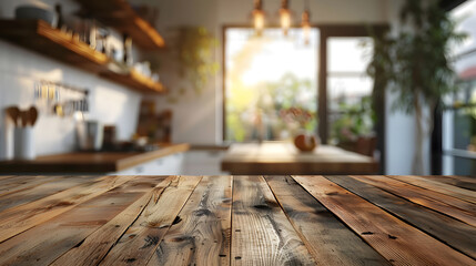 A wooden table is showcased in the foreground, with a kitchen visible in the background of the building. Hardwood planks with wood stain complete the flooring. A plant and art add to the decor