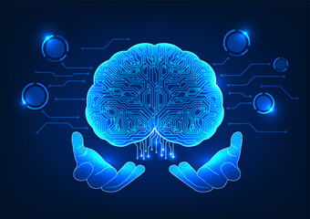 Artificial intelligence technology The hand holding the brain inside is a technological circuit. Shows AI technology that was created to help with analytical thinking. and human work