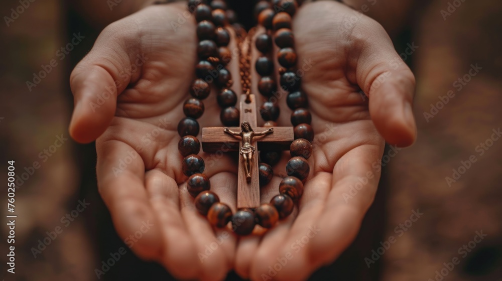 Wall mural Soulful prayer: a man in quiet devotion, hands clasped around a rosary cross, seeking solace and spiritual connection, capturing the essence of serene contemplation, faith, and religious devotion. - Wall murals
