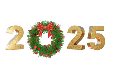 3D RENDER , 2025 Realistic  golden number with Christmas wreath . Happy New Year and Merry Christmas 