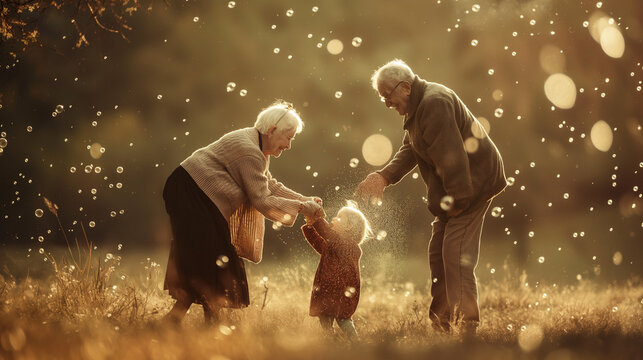 happy old couple playing with their grandchildren's, after retirement life concept 