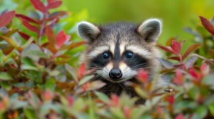 A curious baby raccoon peeking out from behind a bush, eyes wide with wonder