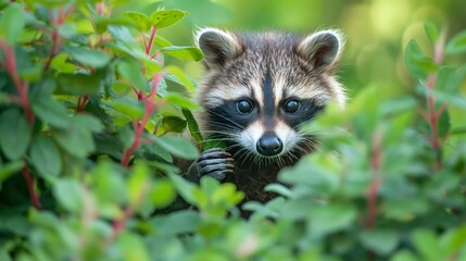 A curious baby raccoon peeking out from behind a bush, eyes wide with wonder
