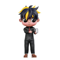 3d Cute Businessman Presenting Smartphone