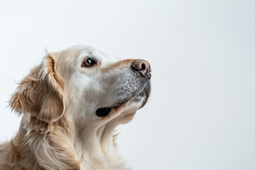 a dog with a white background looking up