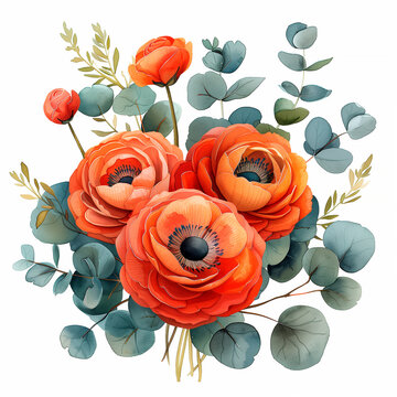 orange flowers and eucalyptus watercolor bouquet clip art preview