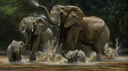 Fototapete Rund A family of elephants cooling off in a muddy watering hole, spraying water playfully © Image Studio