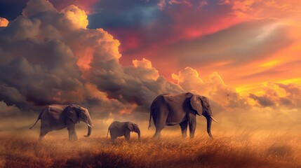 A family of elephants trekking across the vast African plains under a colorful sunset sky - obrazy, fototapety, plakaty