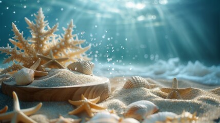 Underwater sunlight and sea treasures on sand