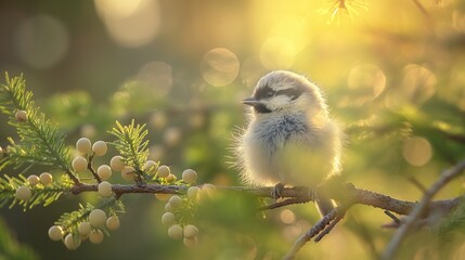 A fluffy baby chickadee chirping cheerfully in a sunlit forest - obrazy, fototapety, plakaty