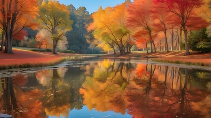 A gorgeous fall day with reflections of colorful foliage trees in a serene pond.