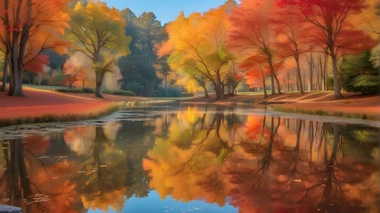 Foto op Plexiglas A gorgeous fall day with reflections of colorful foliage trees in a serene pond. © Shehzad