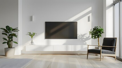 Fototapeta premium Interior mock up living room. cabinet for TV or place object in modern living room with lamp,table,flower and plant