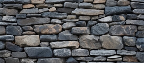 Fototapeta premium A detailed closeup of a stone wall constructed from various types of rocks, showcasing the intricacies of the brickwork and building material used in its construction