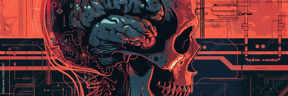 Poster cyberpunk style skull and brain illustration - intriguing cyberpunk art with a skull and brain seaml
