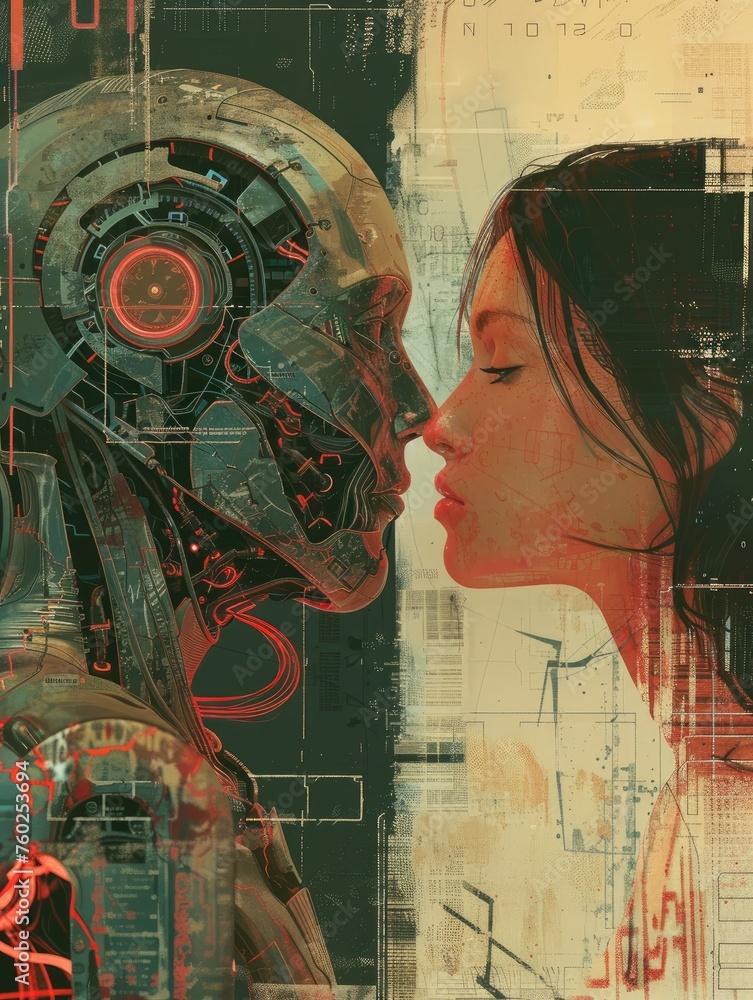 Poster cyborg profile with mechanical brain exposed - digital artwork showcasing a side view of a cyborg wi