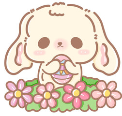 Handdrawn illustration Cute kawaii white rabbit bunny easter clipart easter eggs pastel color greeting card spring 