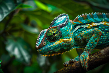 a chamelon lizard sitting on a branch in the jungle - obrazy, fototapety, plakaty