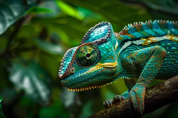 Zelfklevend Fotobehang a chamelon lizard sitting on a branch in the jungle © illustrativeinfinity
