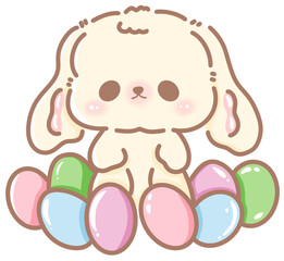 Handdrawn illustration Cute kawaii white rabbit bunny easter clipart easter eggs pastel color greeting card spring 