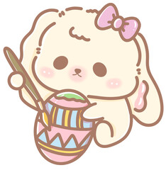 Handdrawn illustration Cute kawaii white rabbit bunny easter clipart easter eggs pastel color greeting card spring 