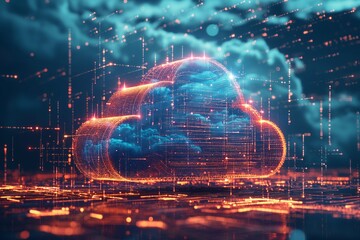 Futuristic cloud data storage visualization, digital representation of cloud computing, Concept of big data and cybersecurity in technology.