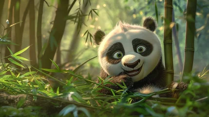 Poster Im Rahmen A fluffy baby panda cub sitting against a bamboo shoot in a serene forest setting © Image Studio
