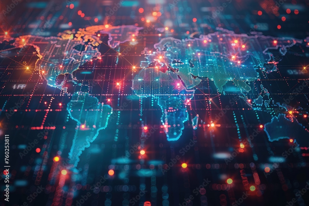 Poster global network connections with world map - visualization of global network connections with a world