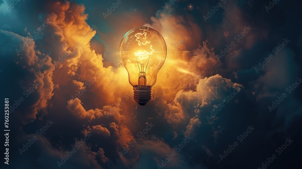 Poster illuminated light bulb in a dreamy sky - a conceptual image of an illuminated light bulb floating am