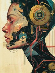 Futuristic robotic head with intricate design - Illustration of a humanoid robot head with detailed circuitry and mechanical parts, evoking thoughts of the future of AI and technology