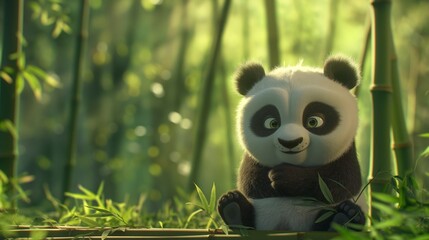 A fluffy baby panda cub sitting against a bamboo shoot in a serene forest setting