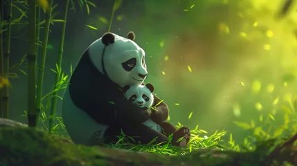 Foto op Canvas A fluffy baby panda sitting against its mother's side in a bamboo forest clearing © Image Studio