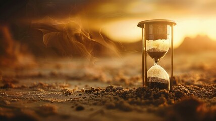 Hourglass on sandy terrain with wind effect - Serene hourglass with sand on the ground, wind blowing creating a sense of time passing silently - obrazy, fototapety, plakaty
