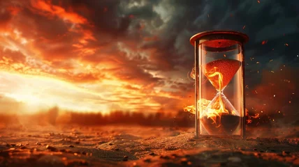 Deurstickers Hourglass in fiery landscape with flying sparks - Stylized hourglass with sand on a dramatic landscape with sparks symbolizing urgency or passing time © Tida