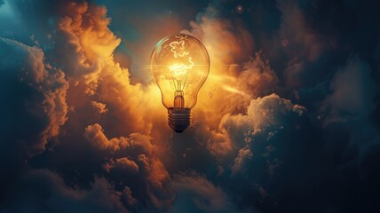 Illuminated light bulb in a dreamy sky - A conceptual image of an illuminated light bulb floating amidst a dreamy cloudscape, symbolizing inspiration