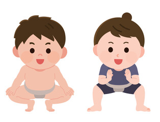 相撲をする男の子と女の子　イラスト