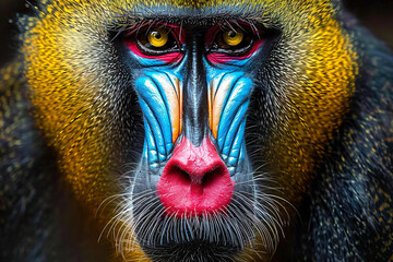 a close up of a monkey's face with a bright blue and yellow face - obrazy, fototapety, plakaty
