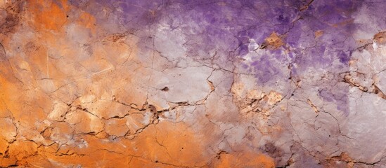 A close up of an art piece depicting a natural landscape with violet and magenta tones, featuring water, clouds, soil, and petal patterns