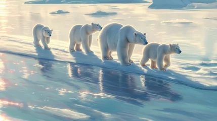 Fototapeten A family of polar bears traversing the icy terrain of the Arctic, their fur glistening in the sunlight © Image Studio