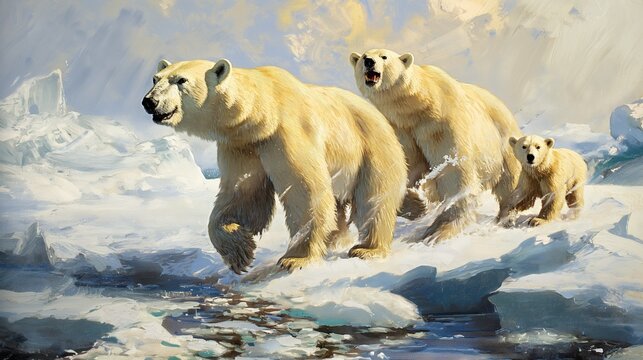 A family of polar bears traversing the icy terrain of the Arctic, their fur glistening in the sunlight