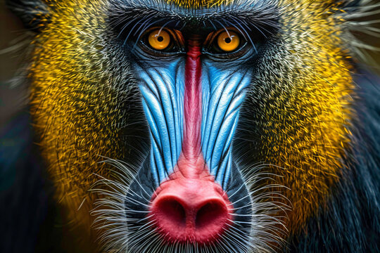 a close up of a monkey's face with a red nose